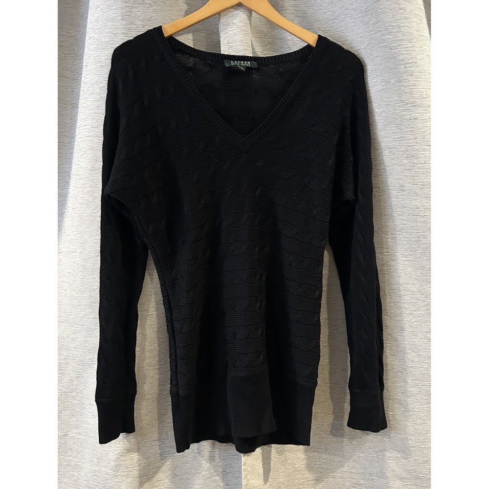 Lauren Ralph Lauren Cable Knit Sweater M Black Classic Old Money Long Preppy